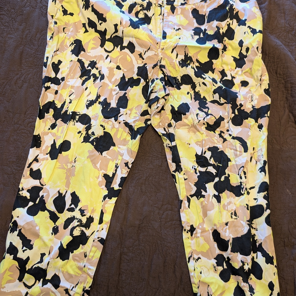 Coldwater Creek Tan, White Yellow & Black Print Sateen Finish Ankle Pants Sz 18